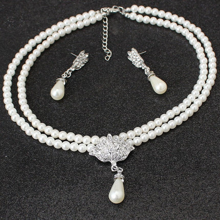 Bride Pearl Crystal With Short Collarbone Neck Necklace Set Earrings