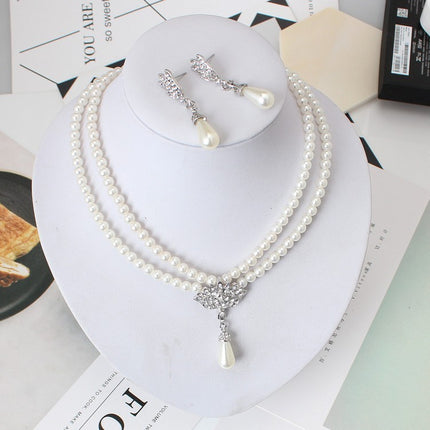 Bride Pearl Crystal With Short Collarbone Neck Necklace Set Earrings