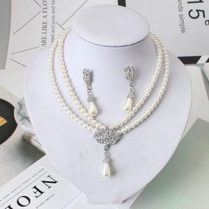 Bride Pearl Crystal With Short Collarbone Neck Necklace Set Earrings