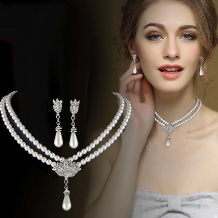 Bride Pearl Crystal With Short Collarbone Neck Necklace Set Earrings