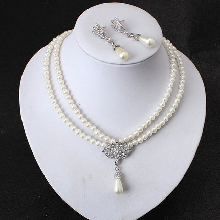 Bride Pearl Crystal With Short Collarbone Neck Necklace Set Earrings