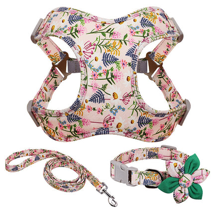 Flower Printed Dog Collar Harness Leash Set Nylon Small Medium Large Dogs Harness Vest Collar Leashes For Chihuahua Puppy Pet