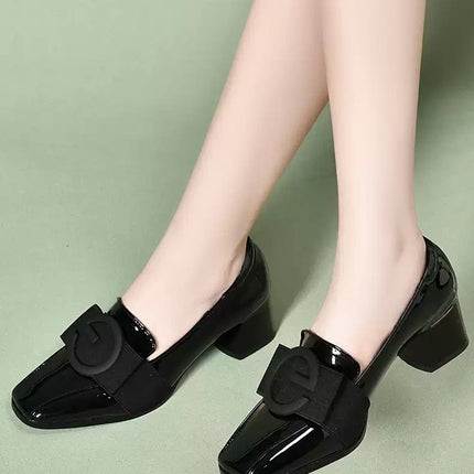 Middle Heel Chunky Heel Soft Leather British Style Square Toe Leather Shoes