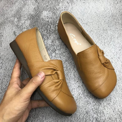 Women's Comfortable Tendon Bottom Non-slip Round Toe Shoes Flat Leather Shoes