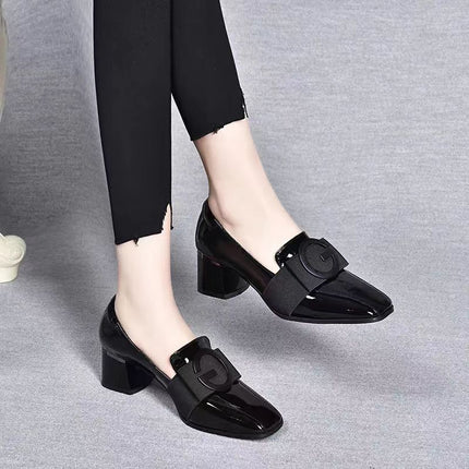 Middle Heel Chunky Heel Soft Leather British Style Square Toe Leather Shoes