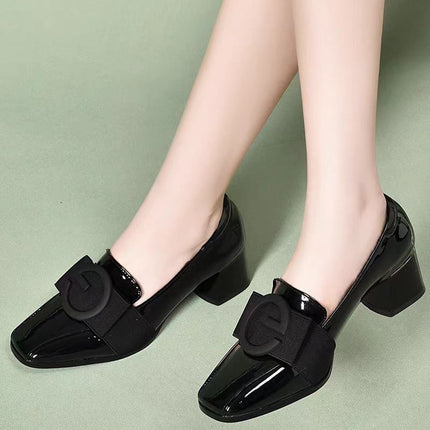 Middle Heel Chunky Heel Soft Leather British Style Square Toe Leather Shoes