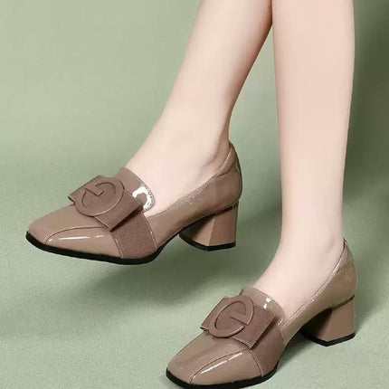 Middle Heel Chunky Heel Soft Leather British Style Square Toe Leather Shoes