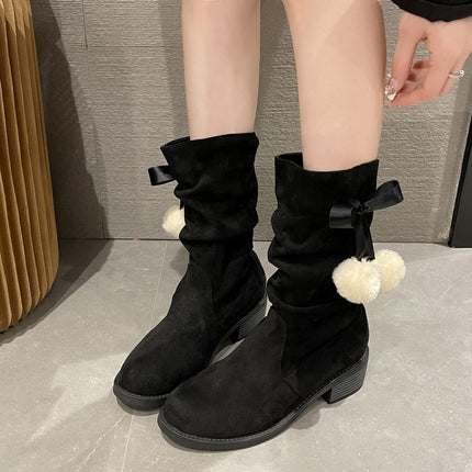 European And American Large Size Thick Heel Round Toe Mid-calf Retro Smoke Pipe Boots For Women