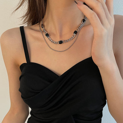 Black Square Diamond Double Layer Twin Necklace