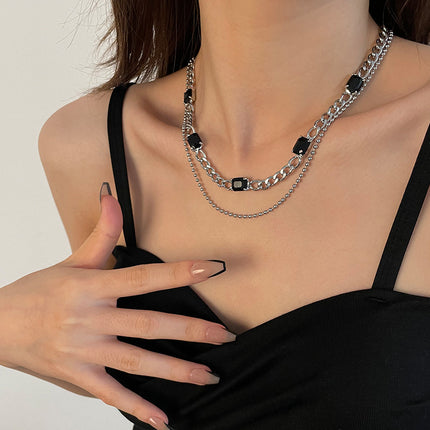 Black Square Diamond Double Layer Twin Necklace