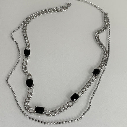 Black Square Diamond Double Layer Twin Necklace