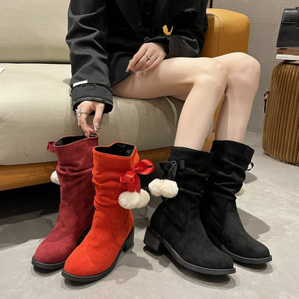 European And American Large Size Thick Heel Round Toe Mid-calf Retro Smoke Pipe Boots For Women