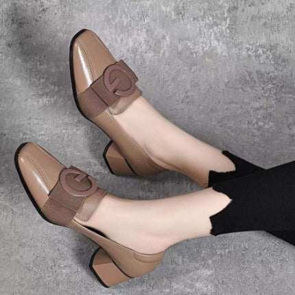 Middle Heel Chunky Heel Soft Leather British Style Square Toe Leather Shoes