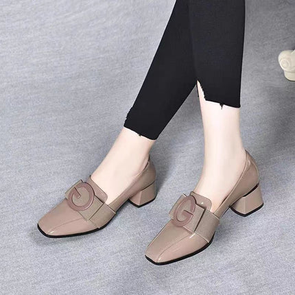 Middle Heel Chunky Heel Soft Leather British Style Square Toe Leather Shoes