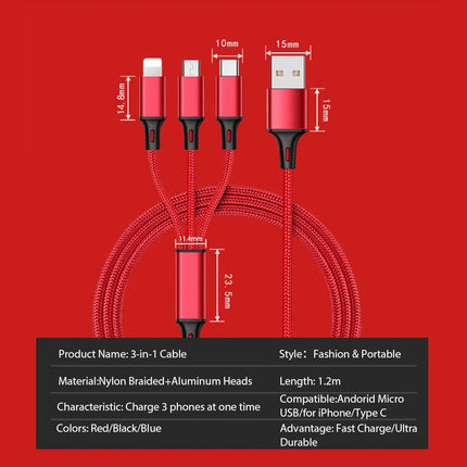 3 In 1 USB Cable For I-Phone XS Max XR X 8 7 Charging Charger Micro USB Cable For Android USB Type-C Mobile Phone Cables