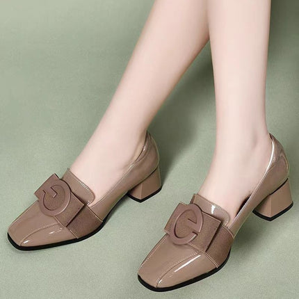 Middle Heel Chunky Heel Soft Leather British Style Square Toe Leather Shoes